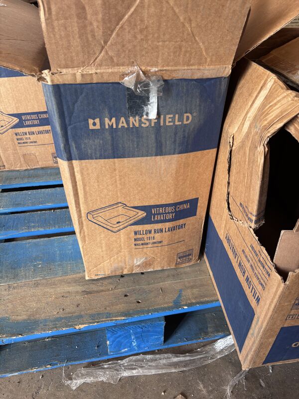 Stack of Mansfield Willow Run vitreous china lavatory boxes
