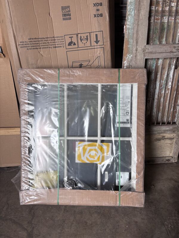 Wrapped, palletized appliance with yellow rose logo